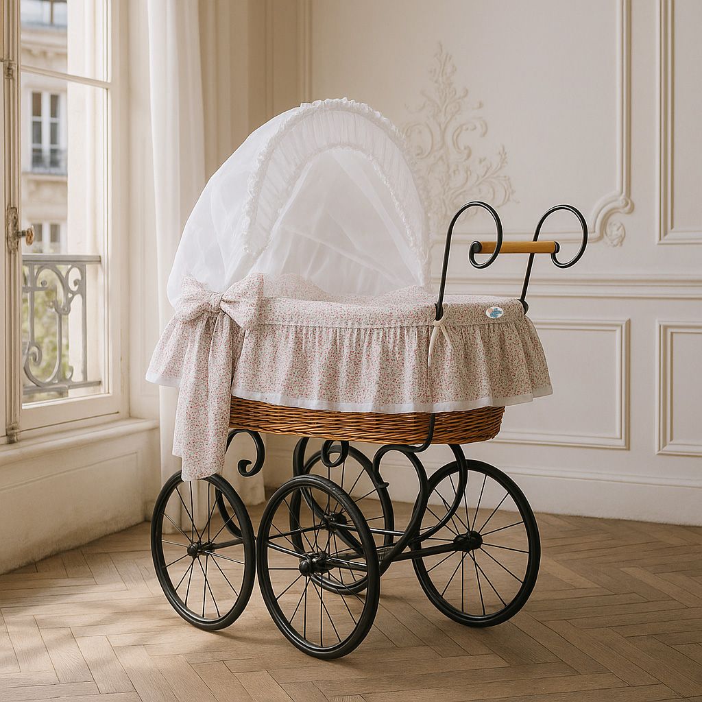 Moses Basket Wicker hood crib Retro wicker crib Jasmine - natural + pink bedding