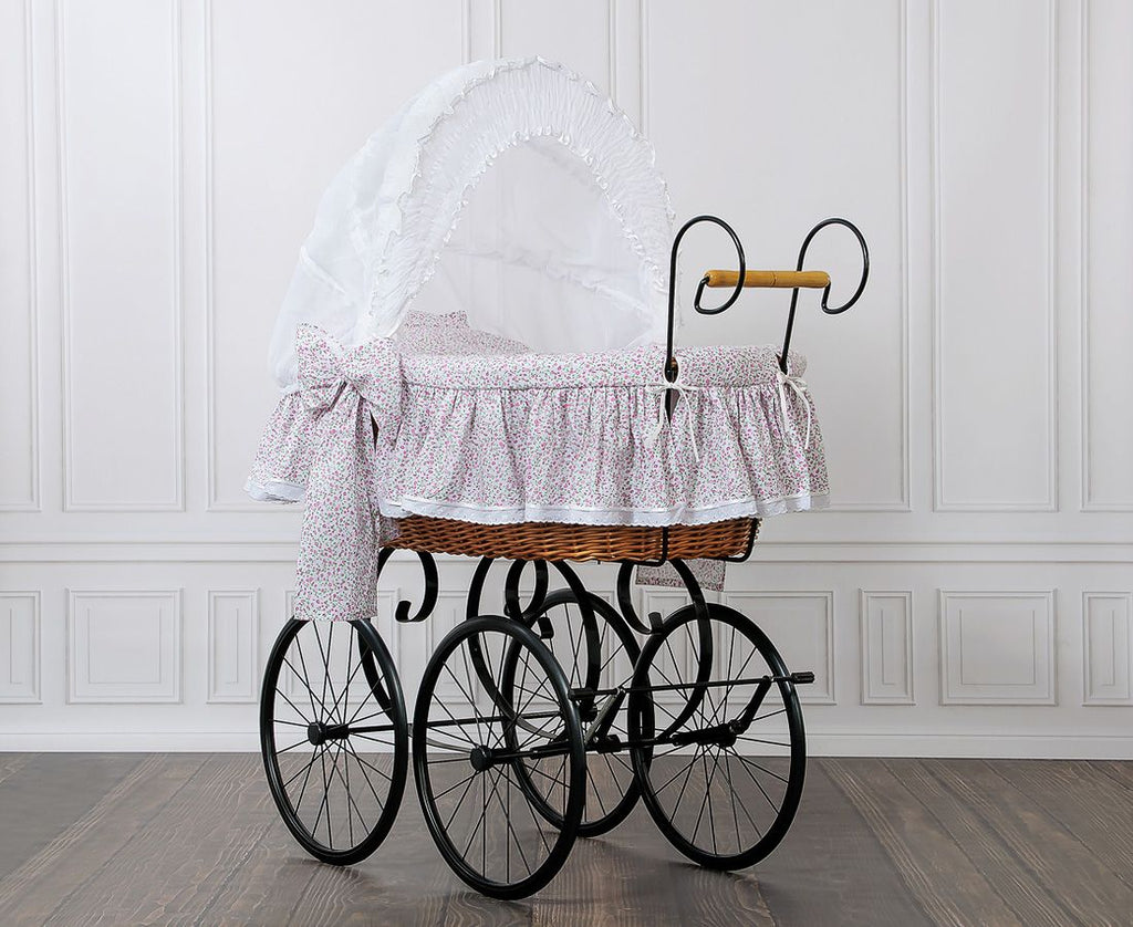Moses Basket Wicker hood crib Retro wicker crib Jasmine - natural + pink bedding