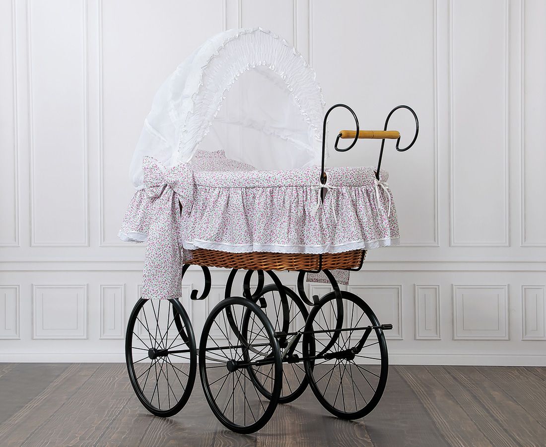 Moses Basket Wicker hood crib Retro wicker crib Jasmine - natural + pink bedding