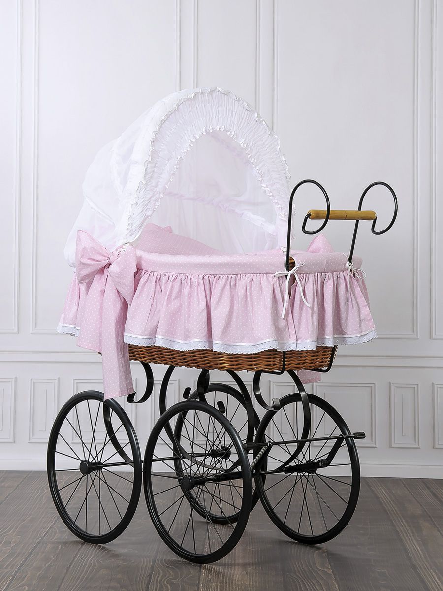 Moses Basket Wicker hood crib Retro wicker crib Christine - natural + pink bedding
