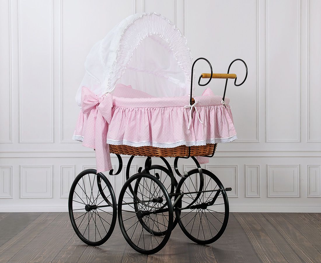 Moses Basket Wicker hood crib Retro wicker crib Christine - natural + pink bedding