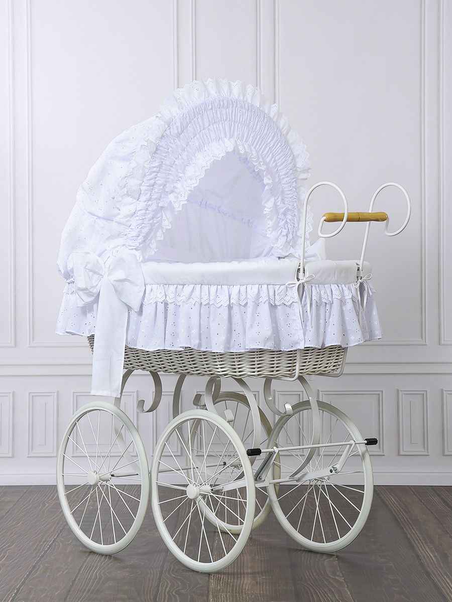 Moses Basket Wicker hood crib Retro wicker crib Charlote - white + white bedding