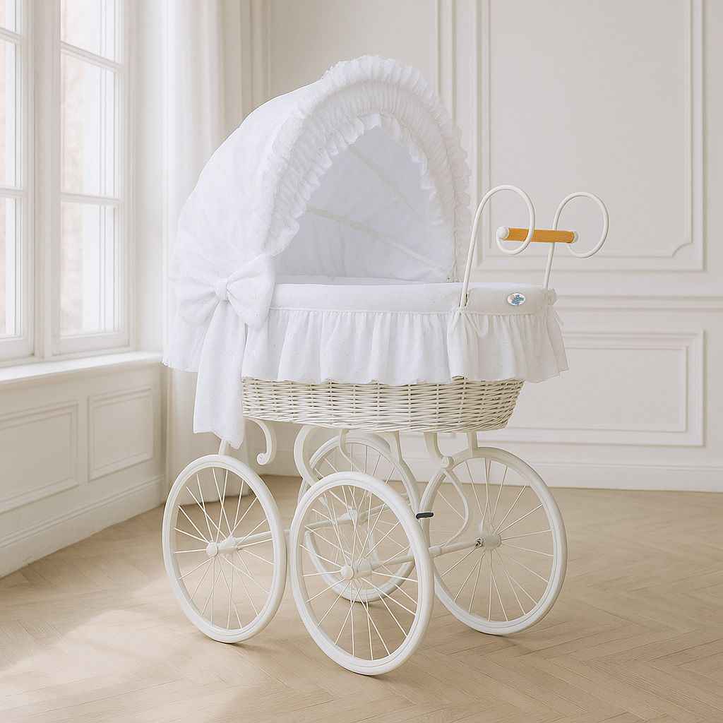 Moses Basket Wicker hood crib Retro wicker crib Charlote - white + white bedding