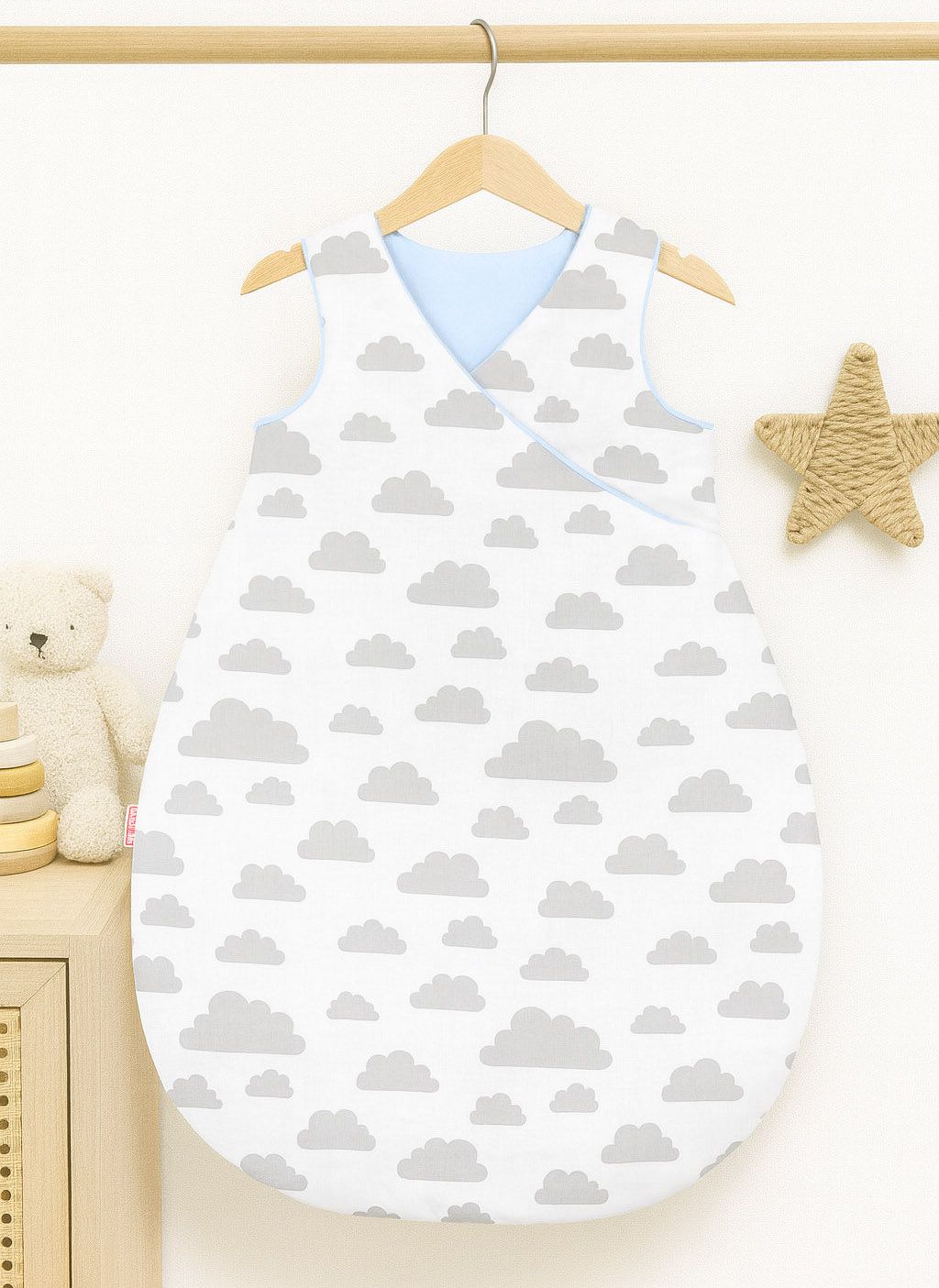Cotton sleeping bag for children, size M, 3-12 months, TOG 2.5, all-season - clouds gray/blue