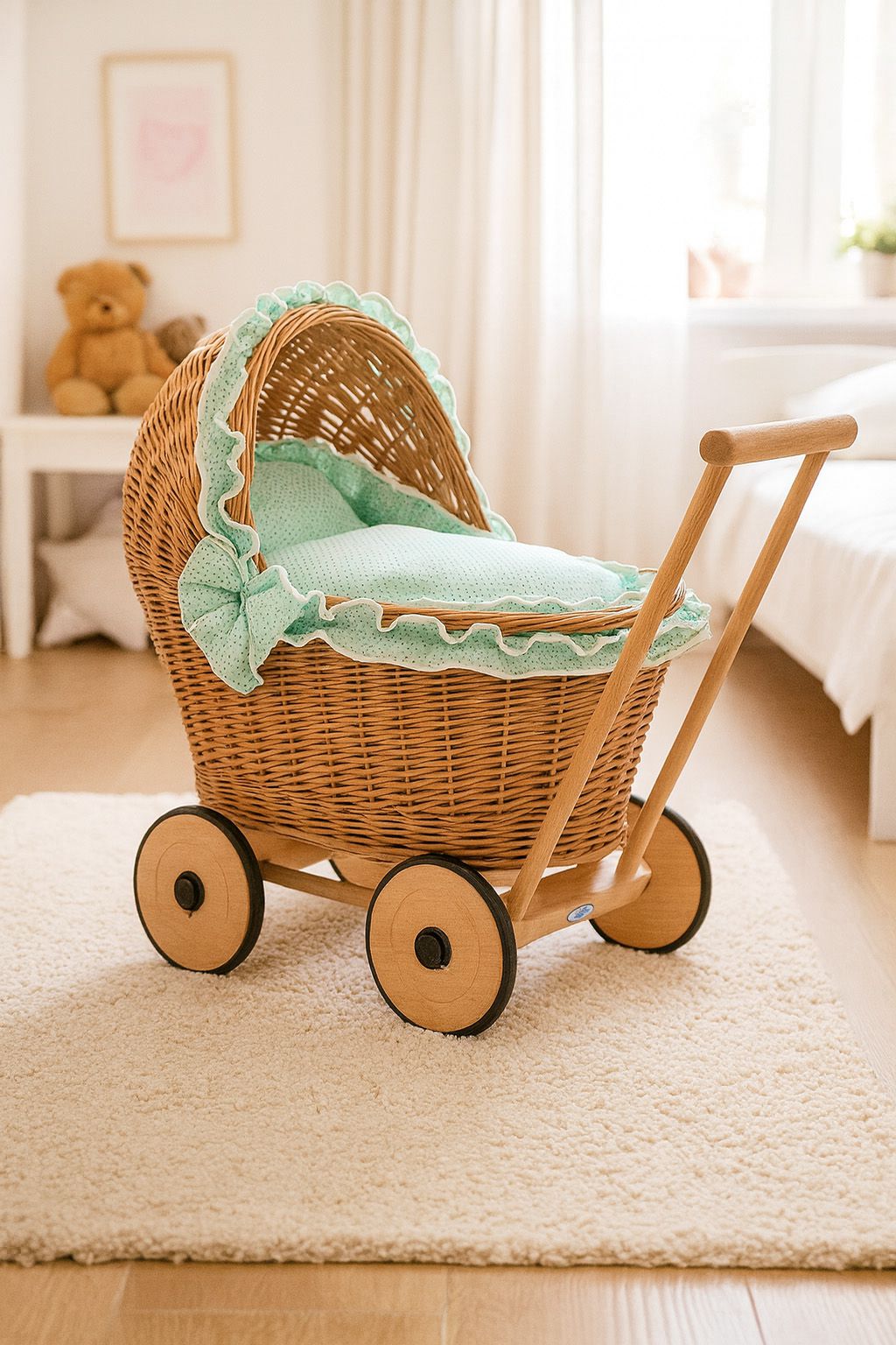 Wicker doll pushchair with mint bedding and soft padding CHIARA - natural