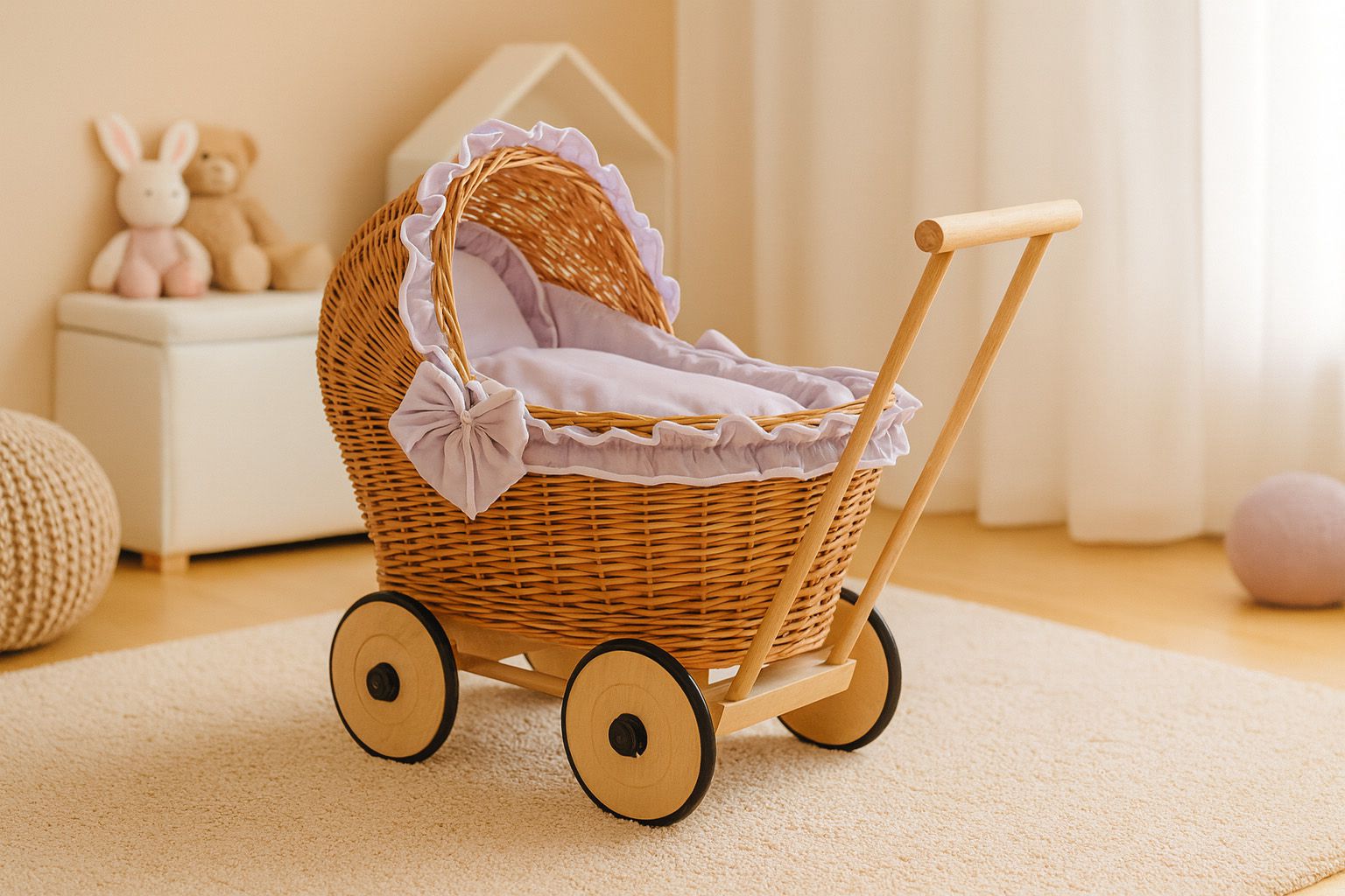 Wicker doll pushchair with grey bedding and soft padding CHIARA - natural
