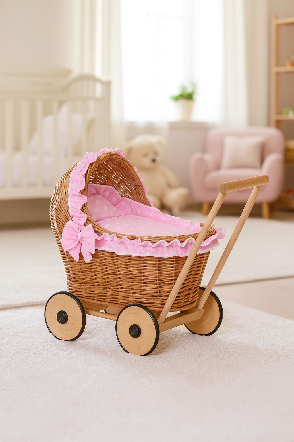 Wicker doll pushchair with pink bedding and soft padding CHIARA - natural