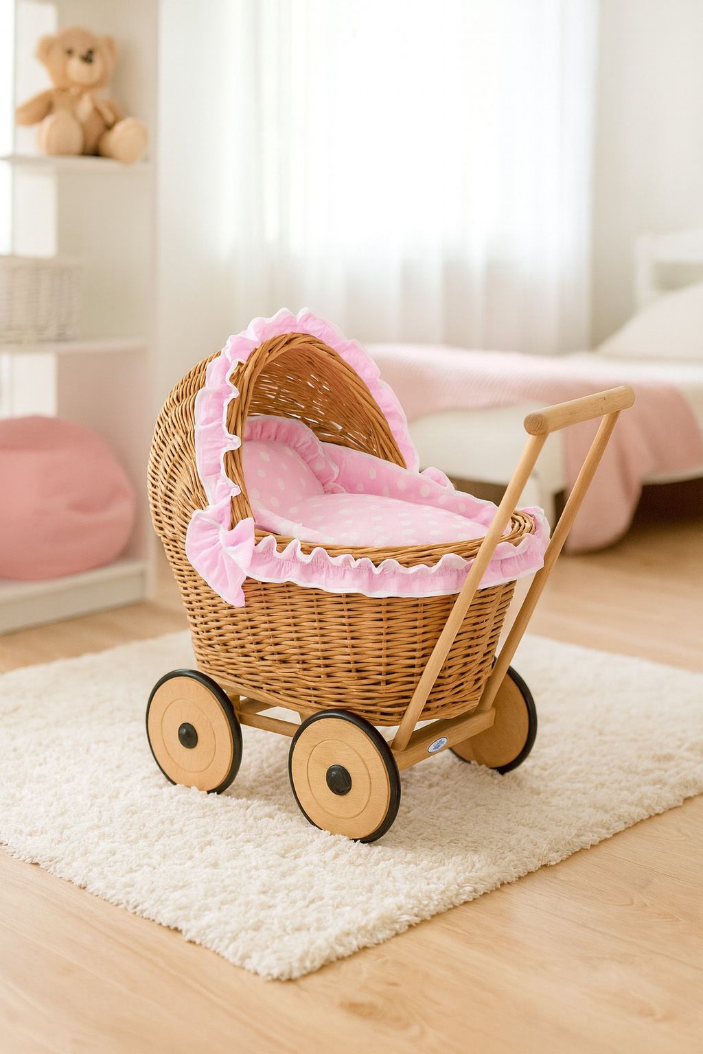 Wicker doll pushchair with pink bedding and soft padding CHIARA - natural