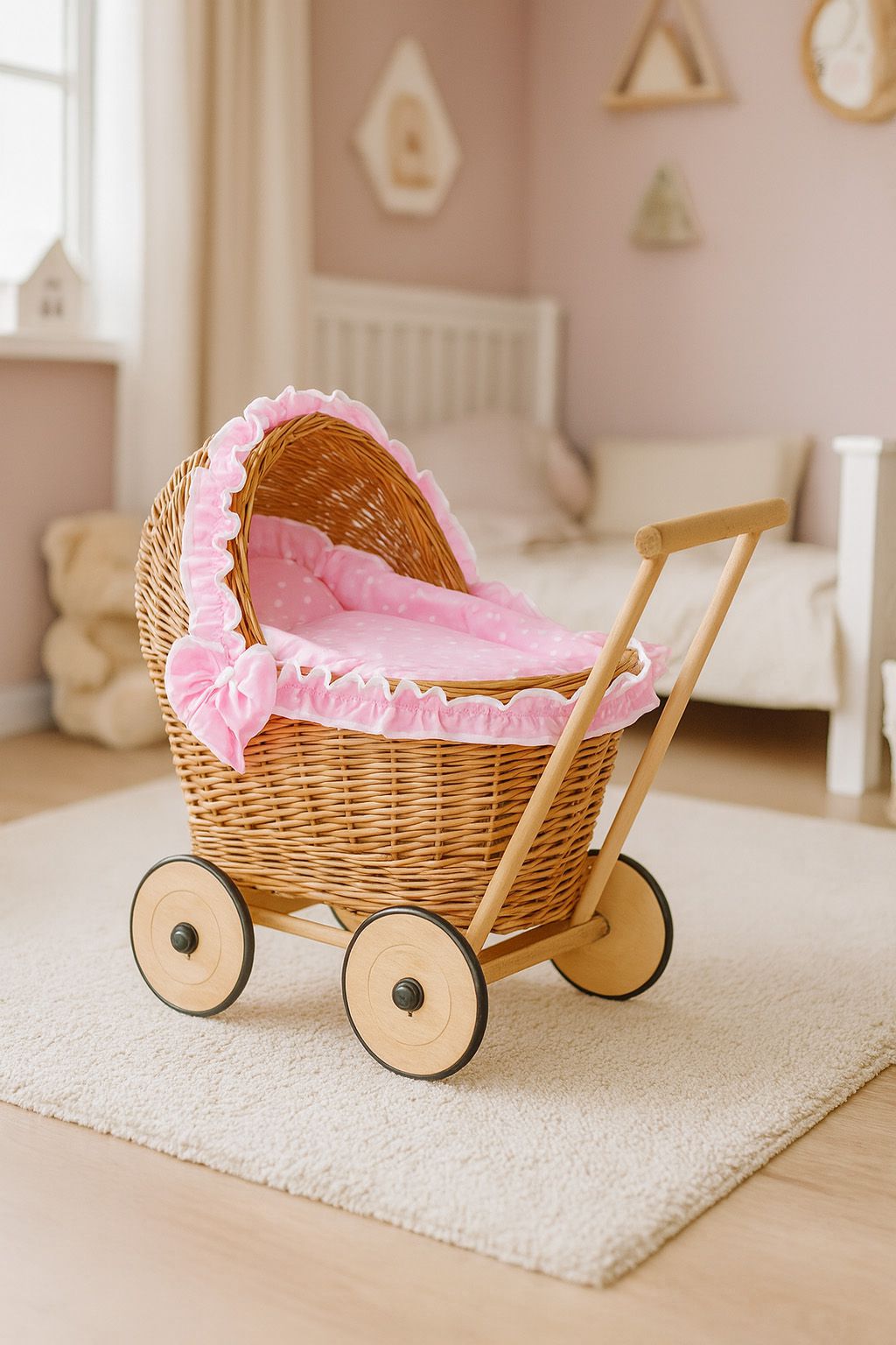 Wicker doll pushchair with pink bedding and soft padding CHIARA - natural