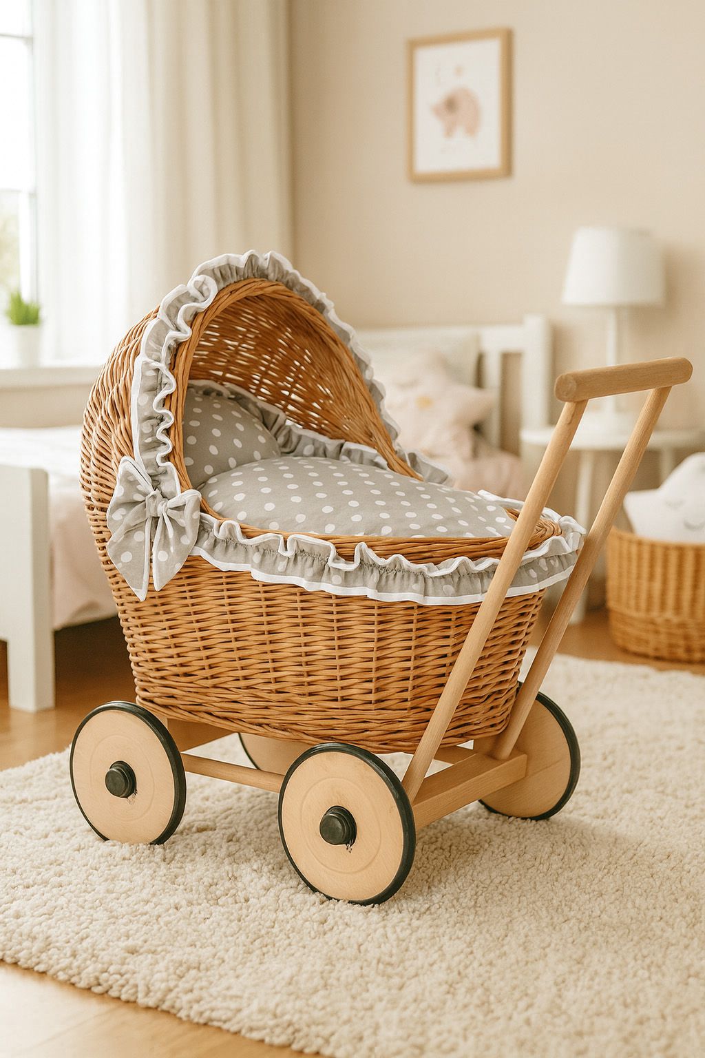 Wicker doll pushchair with grey bedding and soft padding CHIARA - natural
