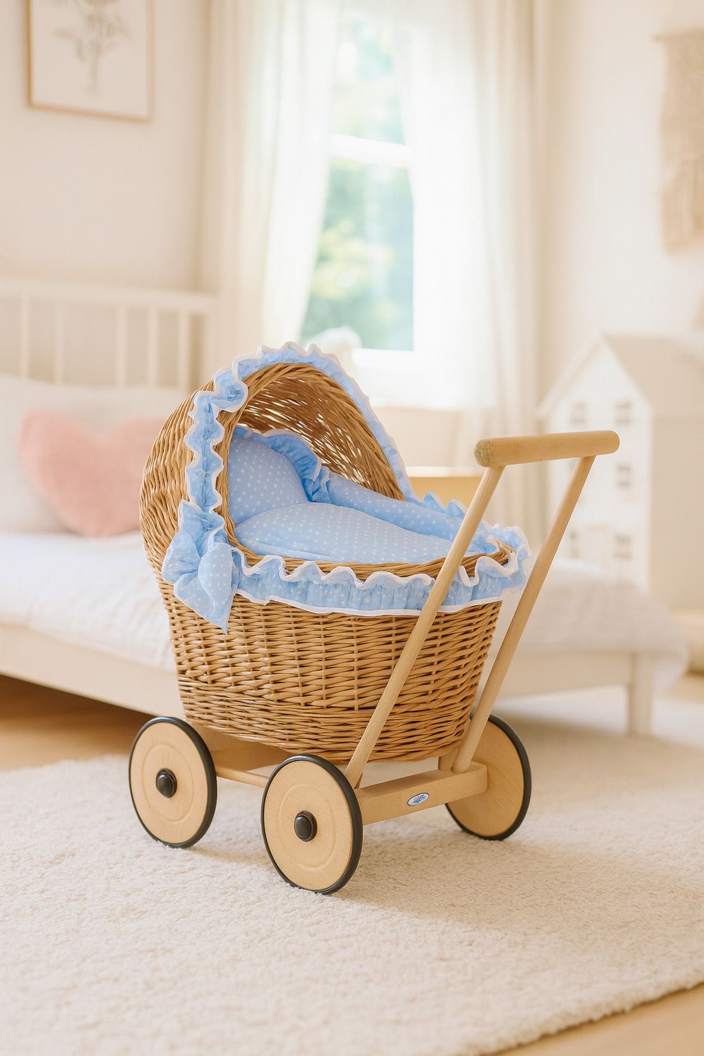 Wicker doll pushchair with blue bedding and soft padding CHIARA - natural