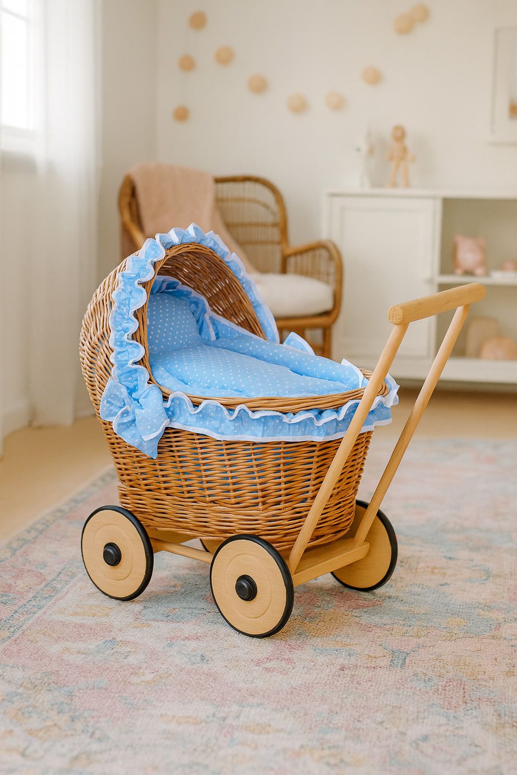 Wicker doll pushchair with blue bedding and soft padding CHIARA - natural