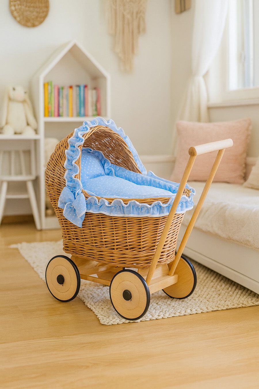 Wicker doll pushchair with blue bedding and soft padding CHIARA - natural