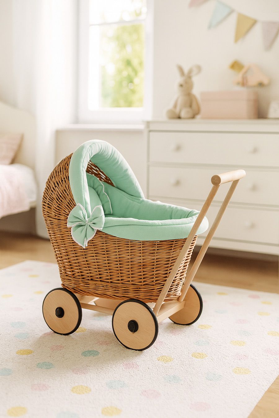 Wicker doll pushchair with mint bedding and soft padding  STELLA - natural