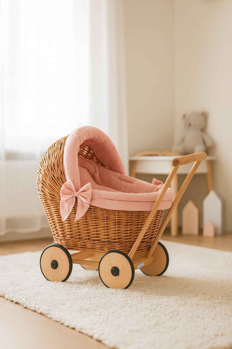 Wicker doll pushchair with pastel pink bedding and soft padding STELLA - natural