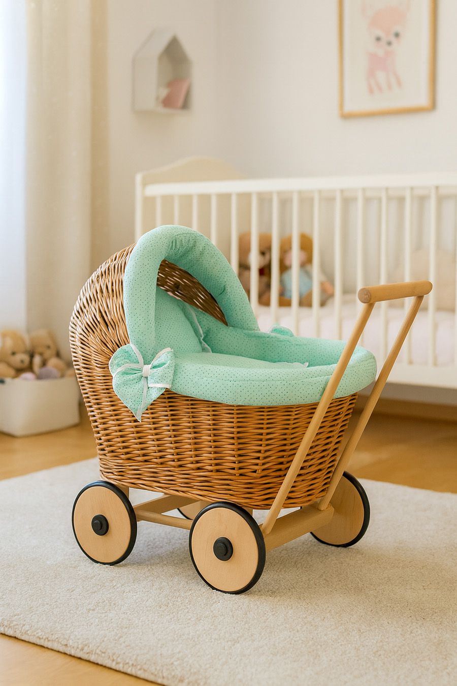 Wicker doll pushchair with mint bedding and soft padding STELLA - natural