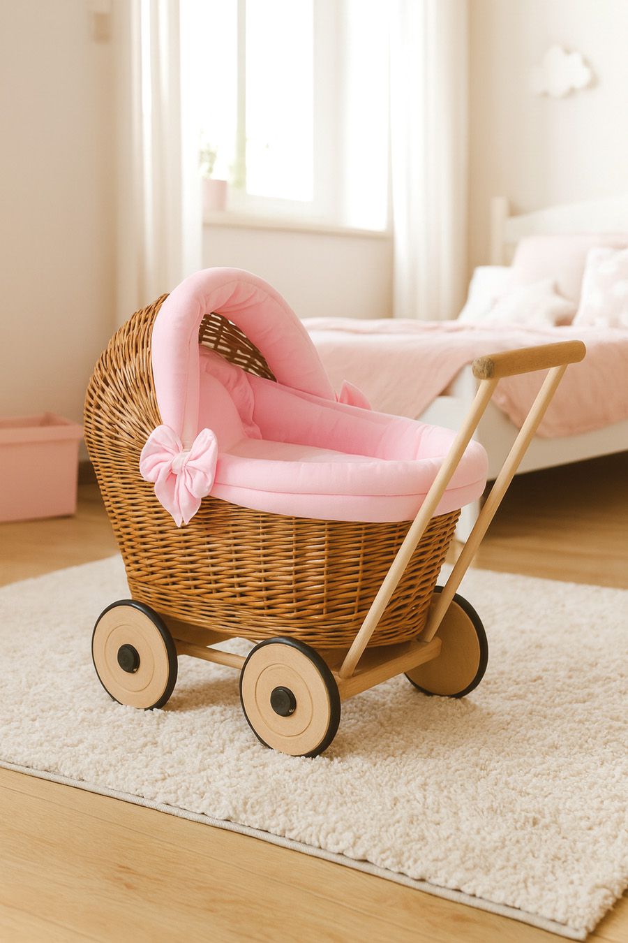 Wicker doll pushchair with pink bedding and soft padding STELLA - natural