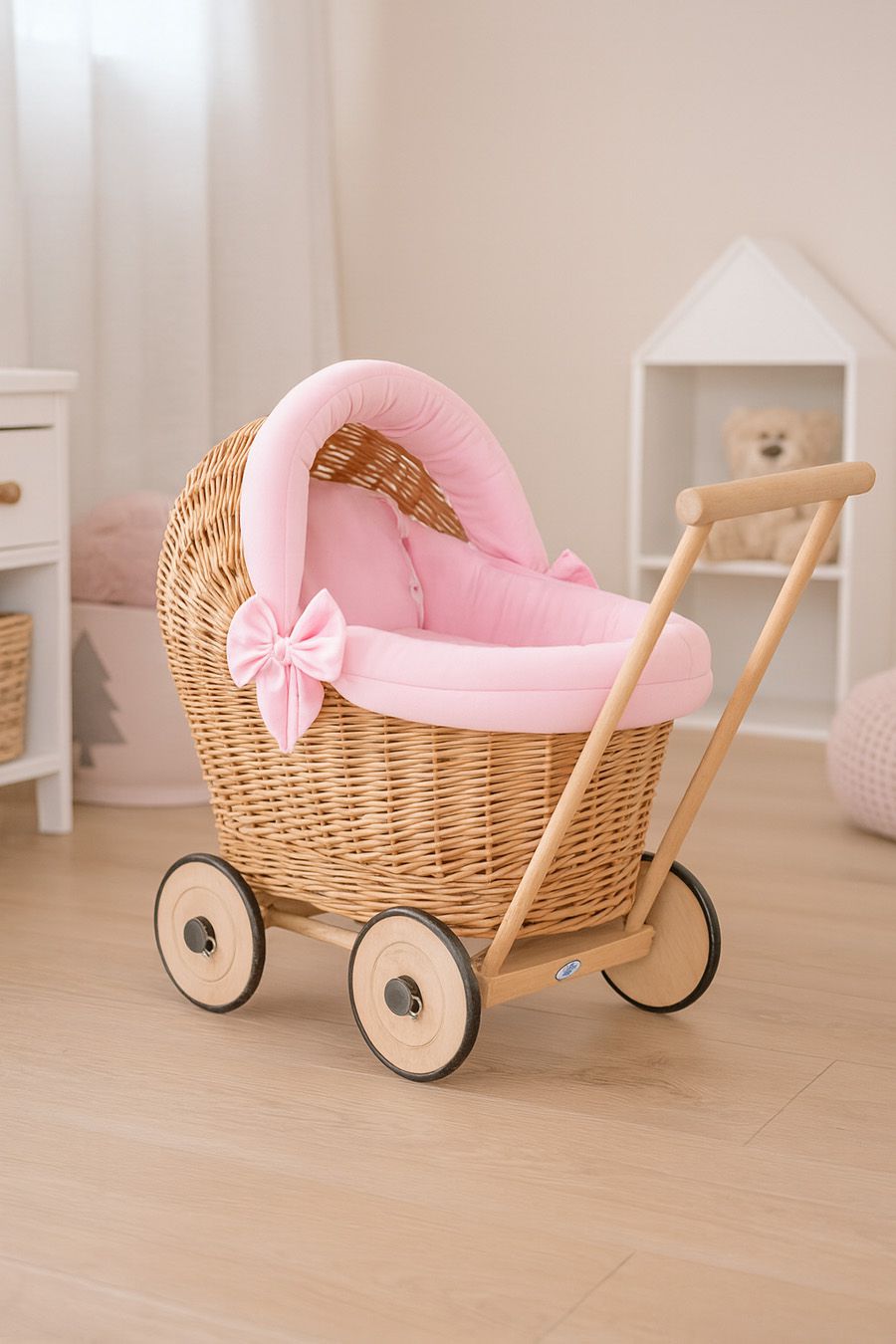Wicker doll pushchair with pink bedding and soft padding STELLA - natural