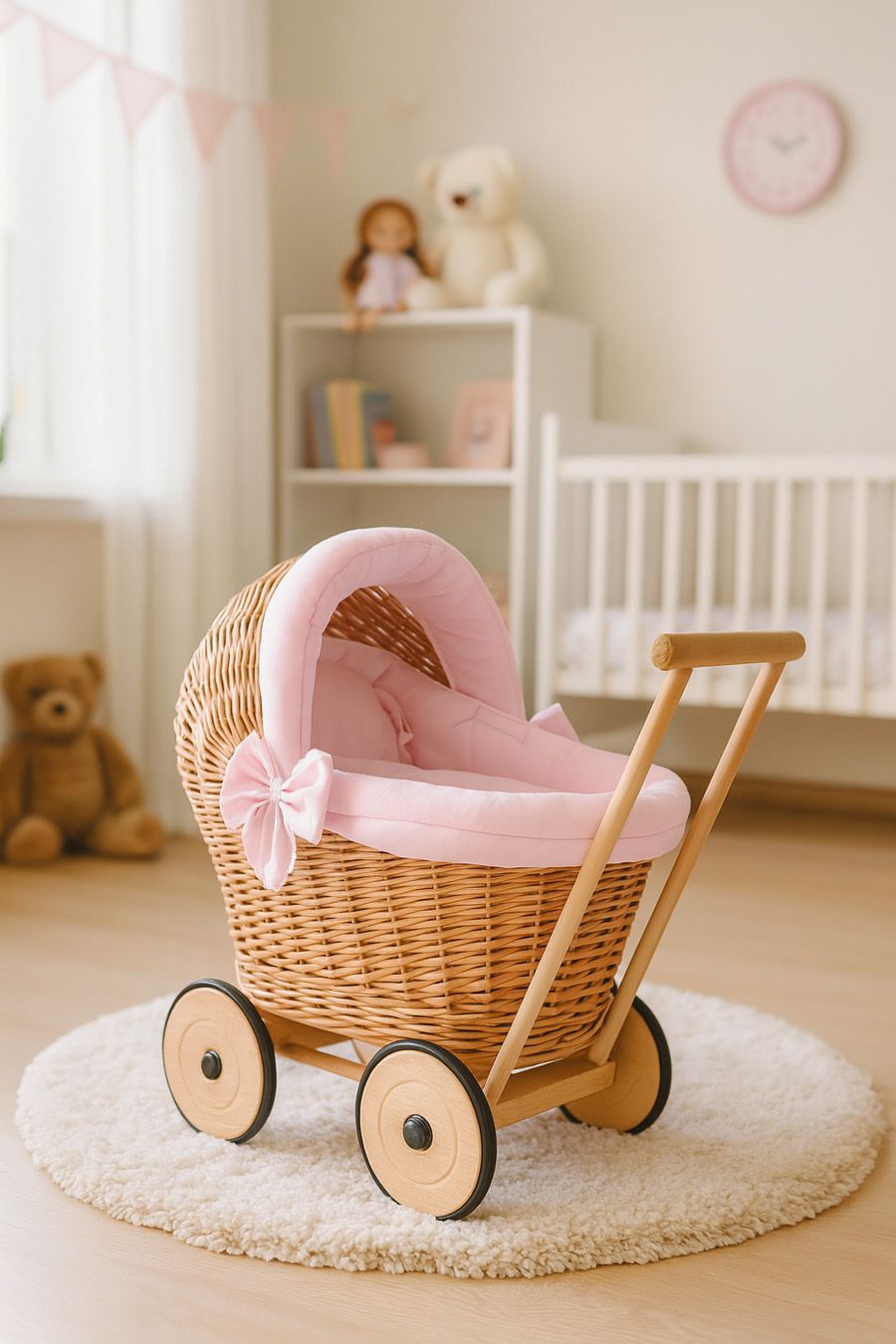 Wicker doll pushchair with pink bedding and soft padding STELLA - natural