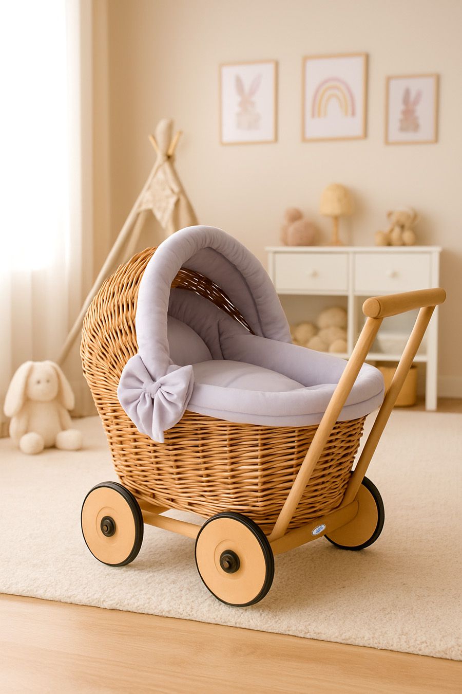 Wicker doll pushchair with grey bedding and soft padding STELLA - natural