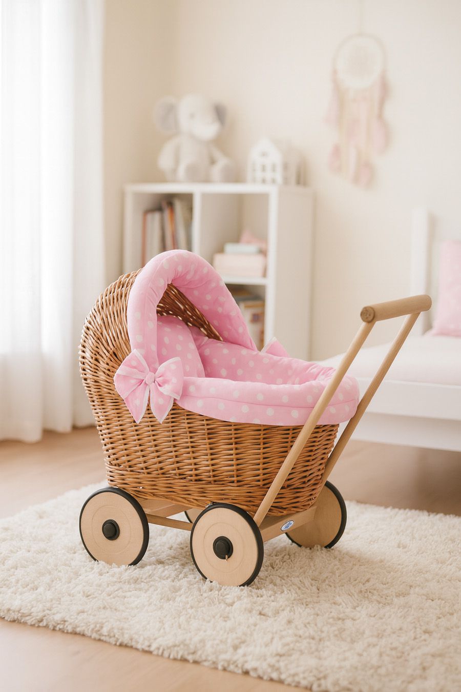 Wicker doll pushchair with pink bedding and soft padding STELLA - natural