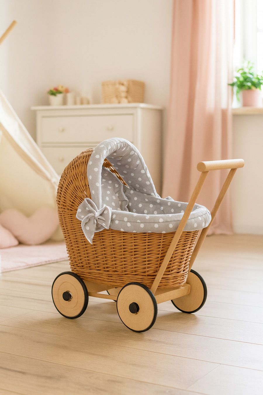 Wicker doll pushchair with grey bedding and soft padding STELLA - natural