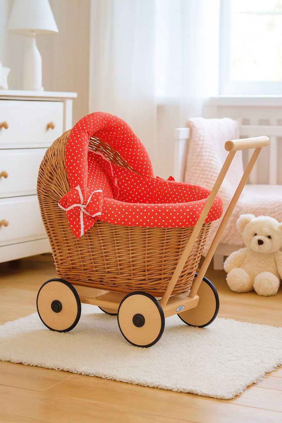 Wicker doll pushchair with red bedding and soft padding  STELLA - natural