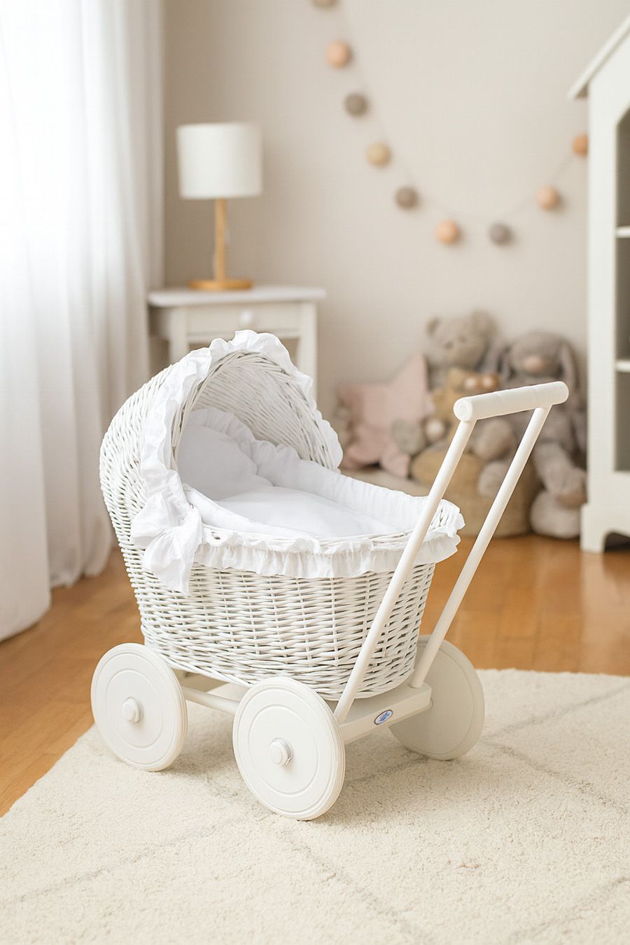 Wicker doll pushchair white with white bedding and soft padding CHIARA
