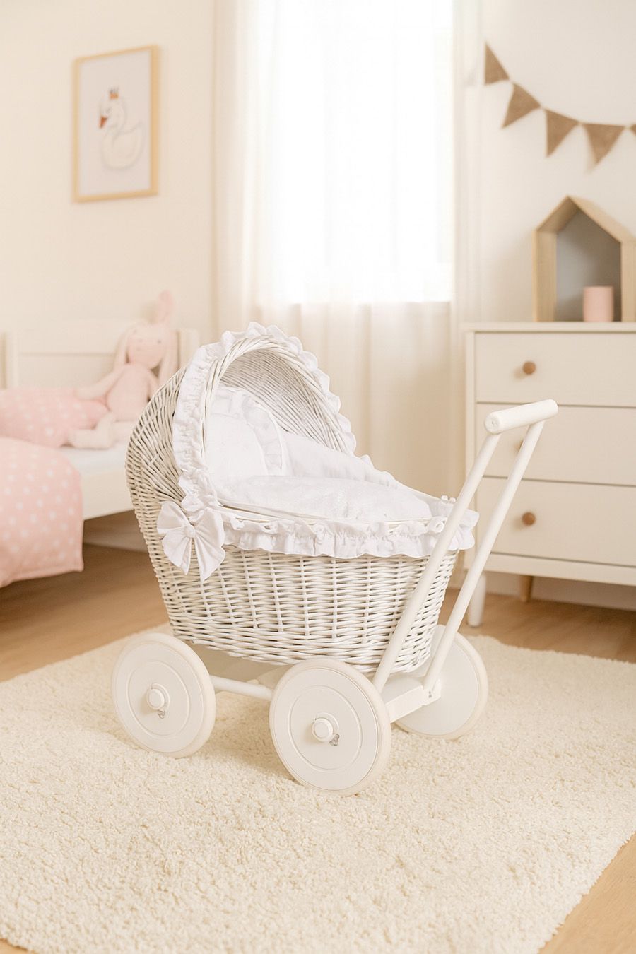 Wicker doll pushchair white with white bedding and soft padding CHIARA