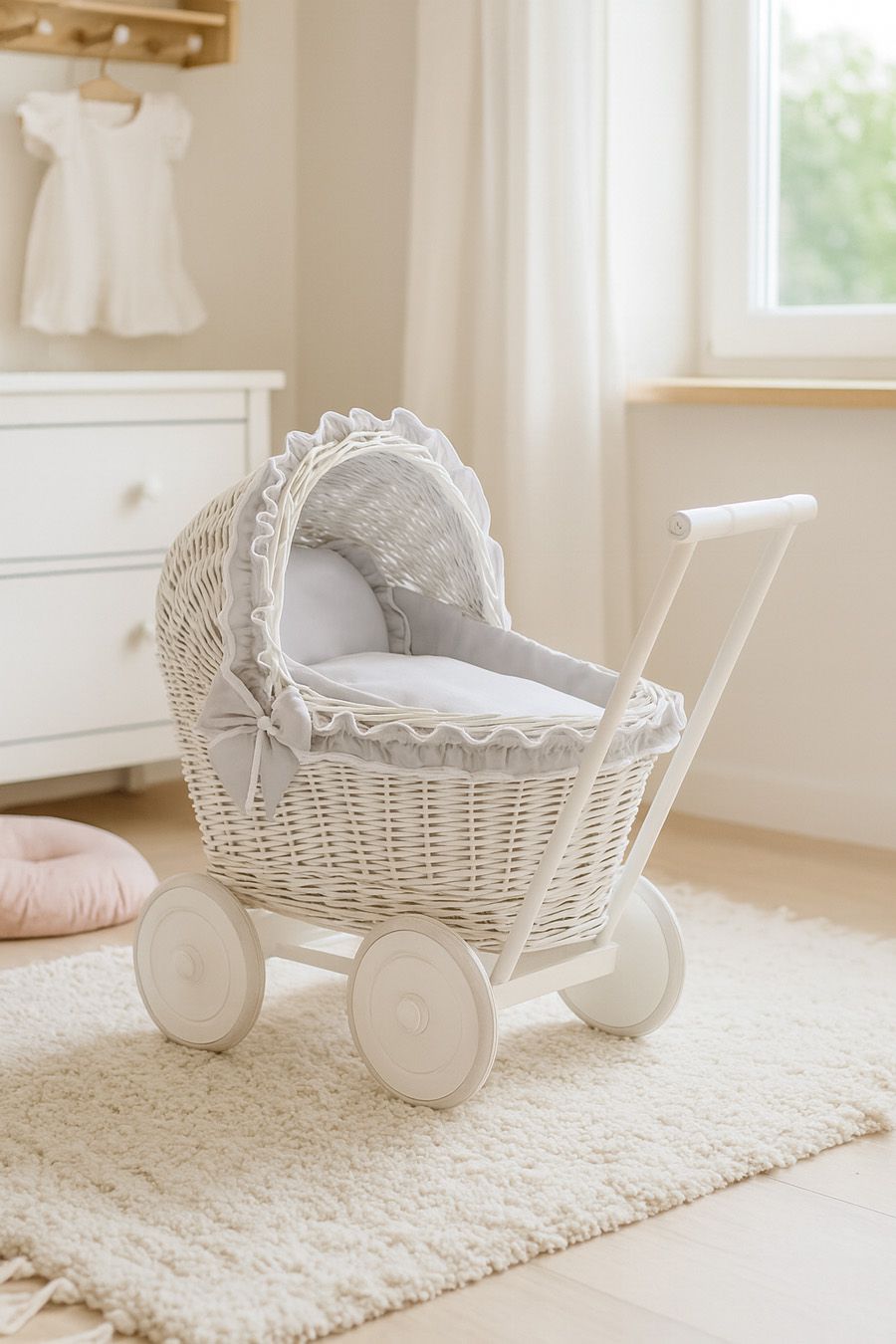 Wicker doll pushchairwhite  with grey bedding and soft padding CHIARA