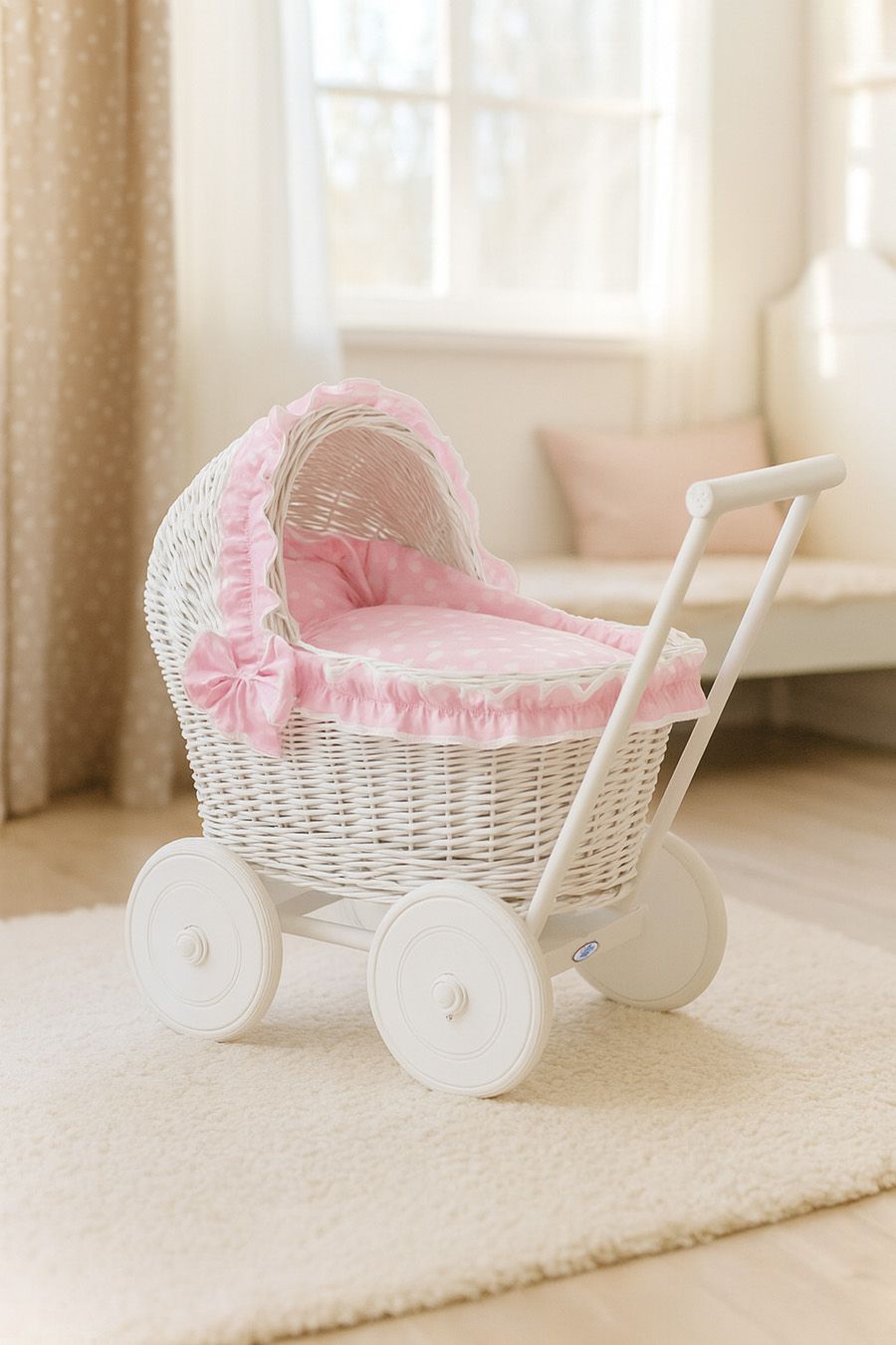 Wicker doll pushchair white with pink bedding and soft padding CHIARA