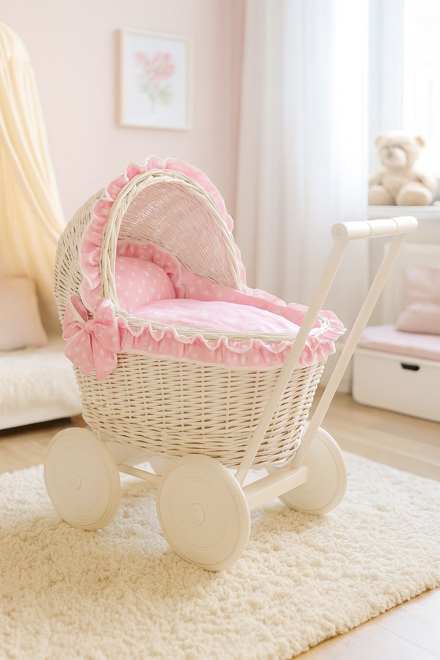Wicker doll pushchair white with pink bedding and soft padding CHIARA
