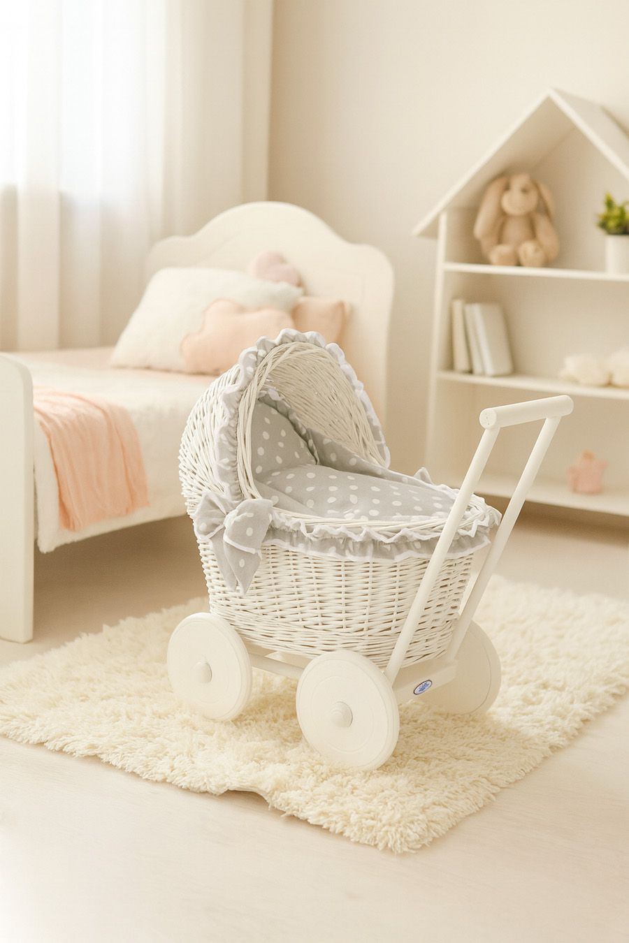 Wicker doll pushchair white with grey bedding and soft padding CHIARA