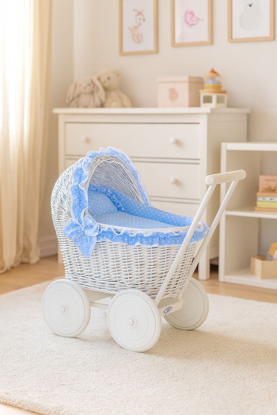 Wicker doll pushchair white with blue bedding and soft padding CHIARA