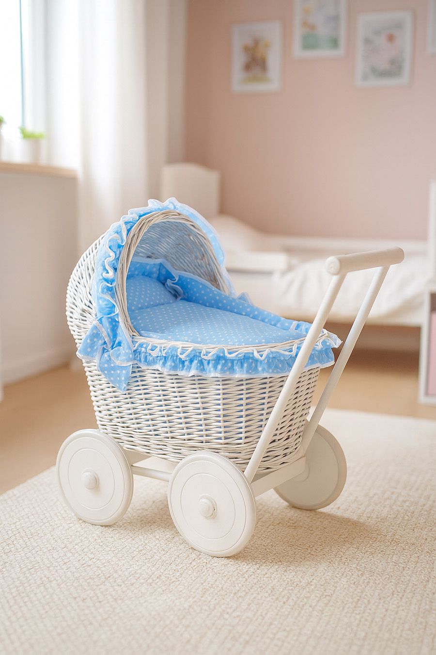 Wicker doll pushchair white with blue bedding and soft padding CHIARA