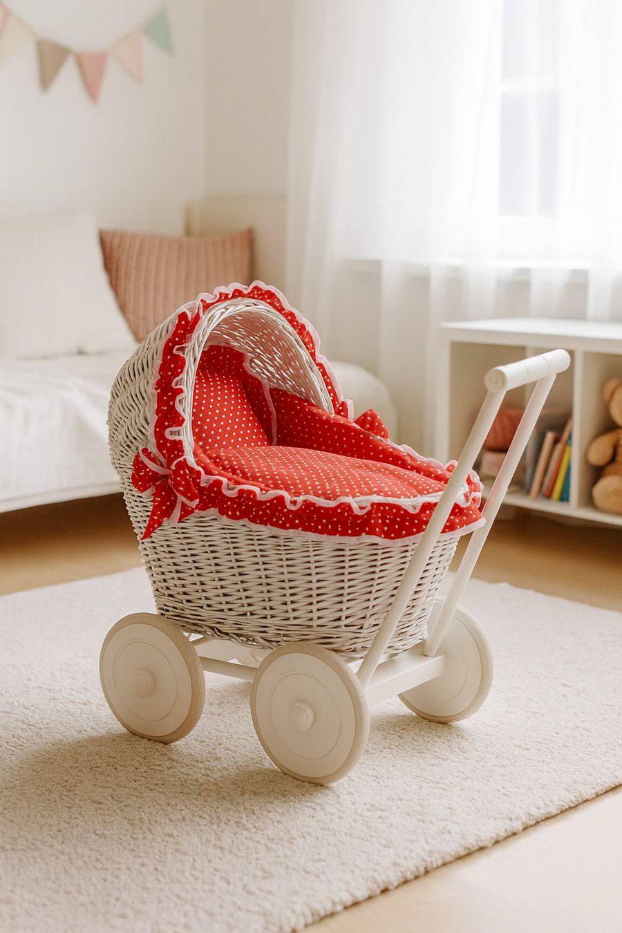 Wicker doll pushchair white with red bedding and soft padding CHIARA