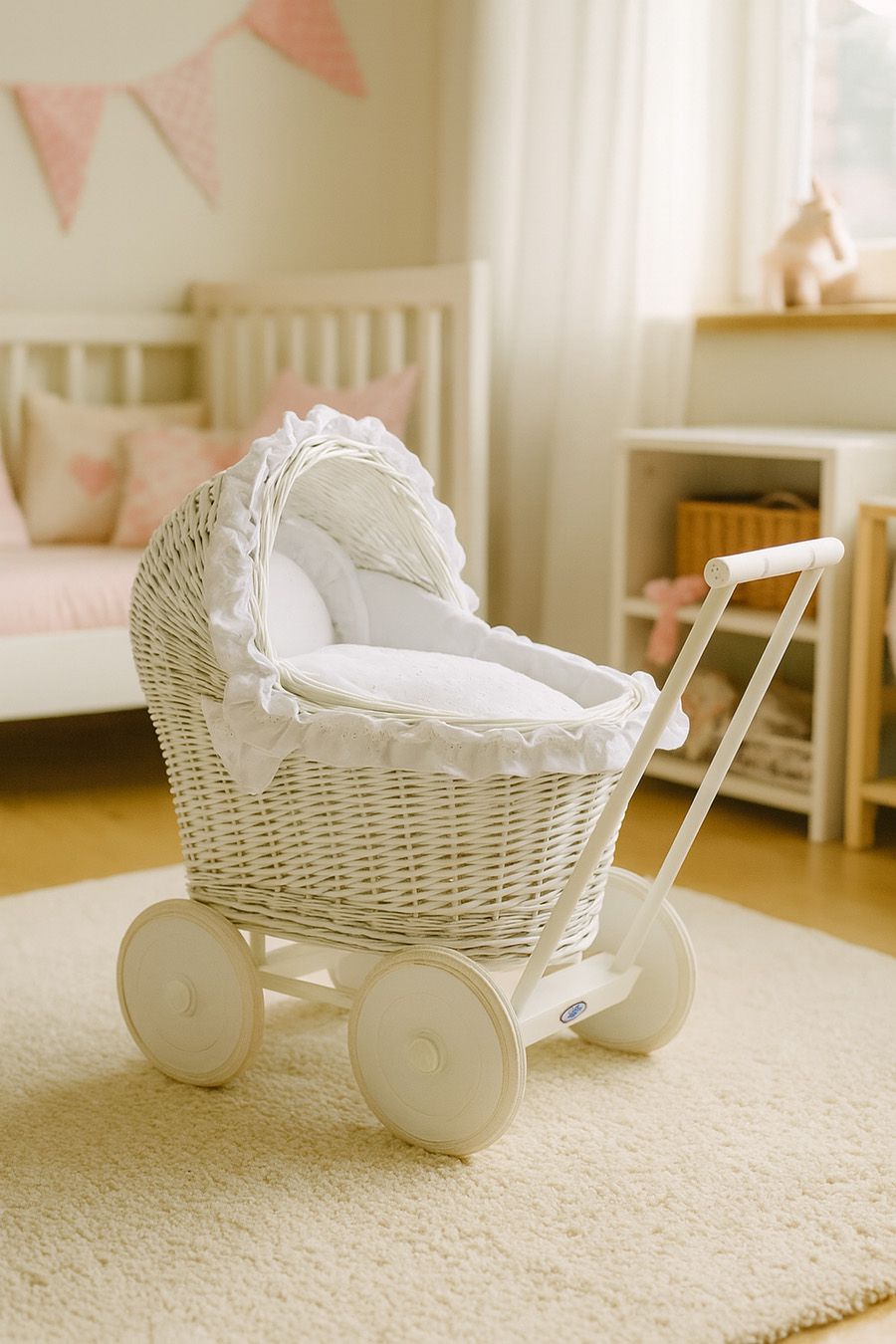 Wicker doll pushchair with bedding and soft padding AURORA - white