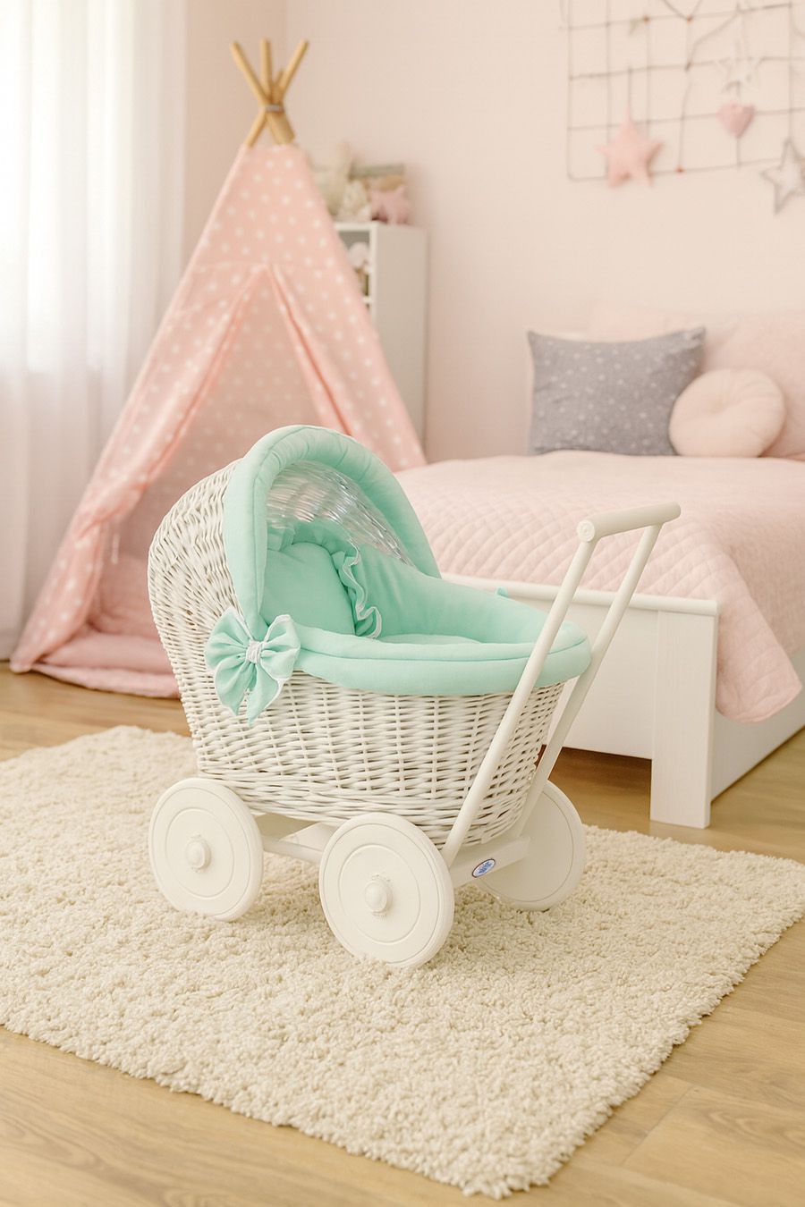 Wicker doll pushchair white with mint bedding and soft padding STELLA