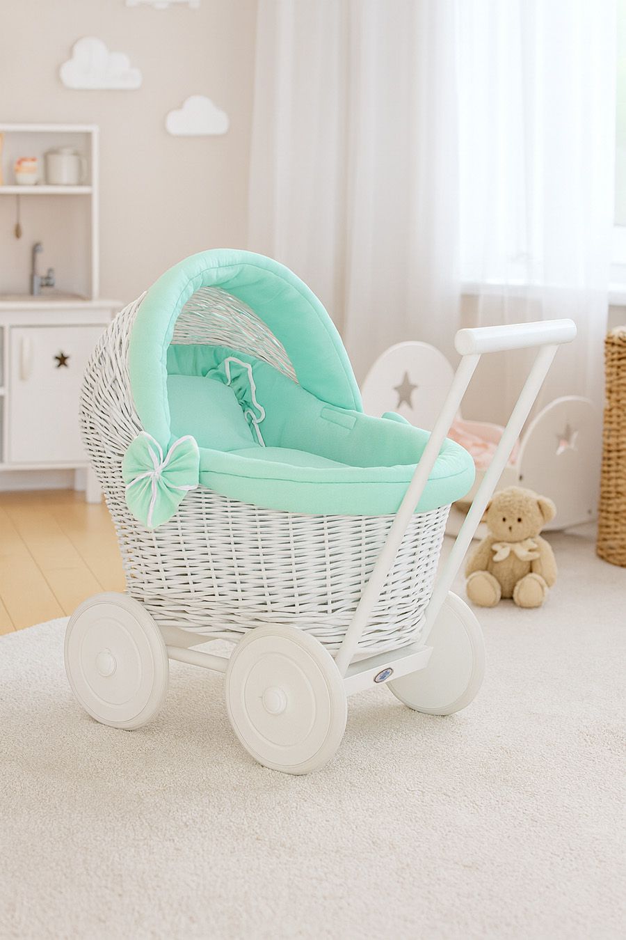 Wicker doll pushchair white with mint bedding and soft padding STELLA