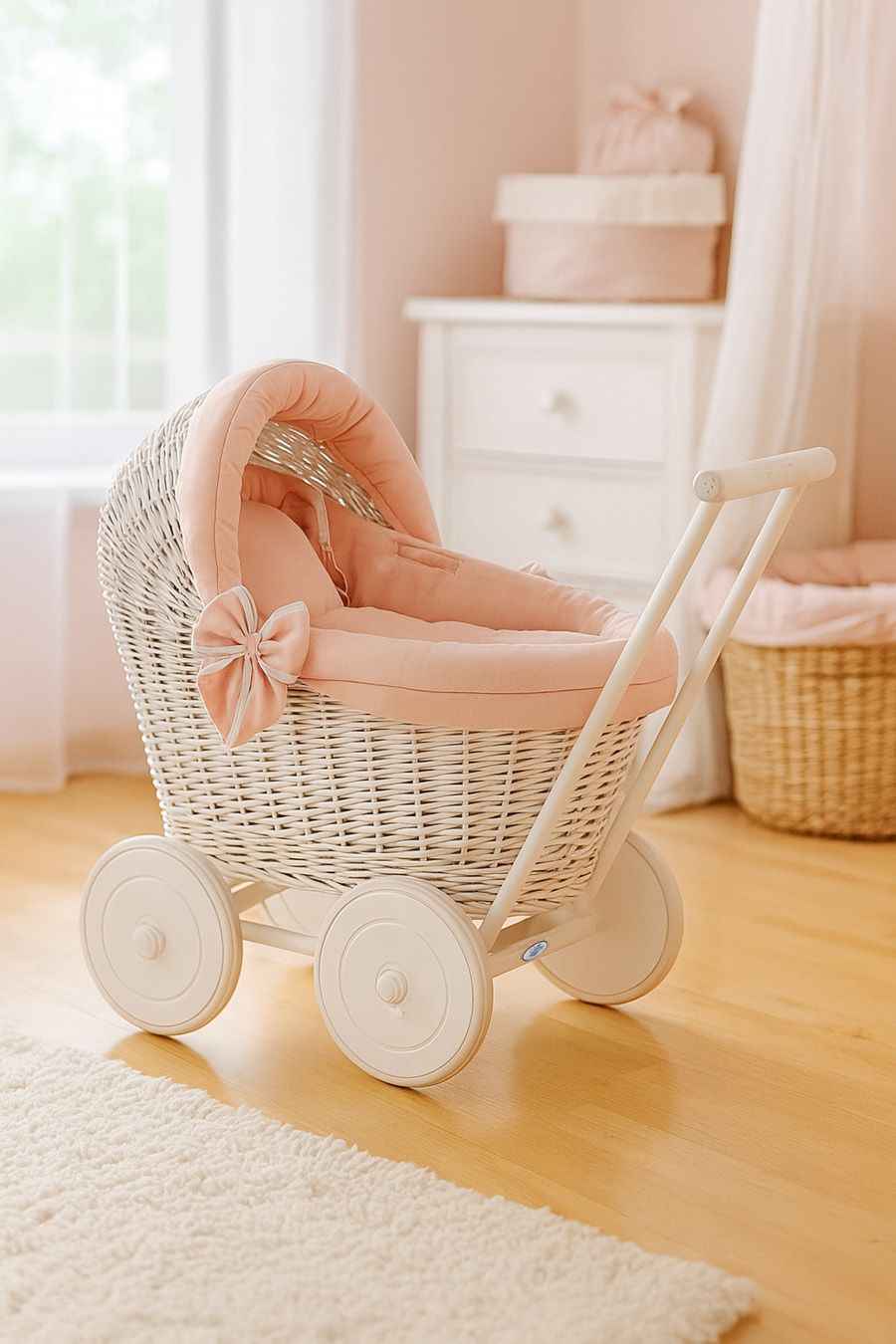 Wicker doll pushchair white with bedding and soft padding pastel pink STELLA