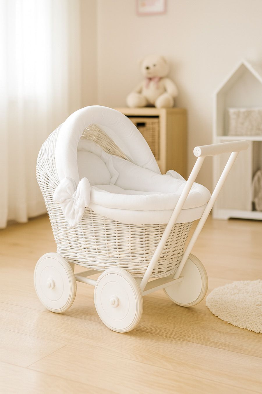 Wicker doll pushchair white with white bedding and soft padding STELLA
