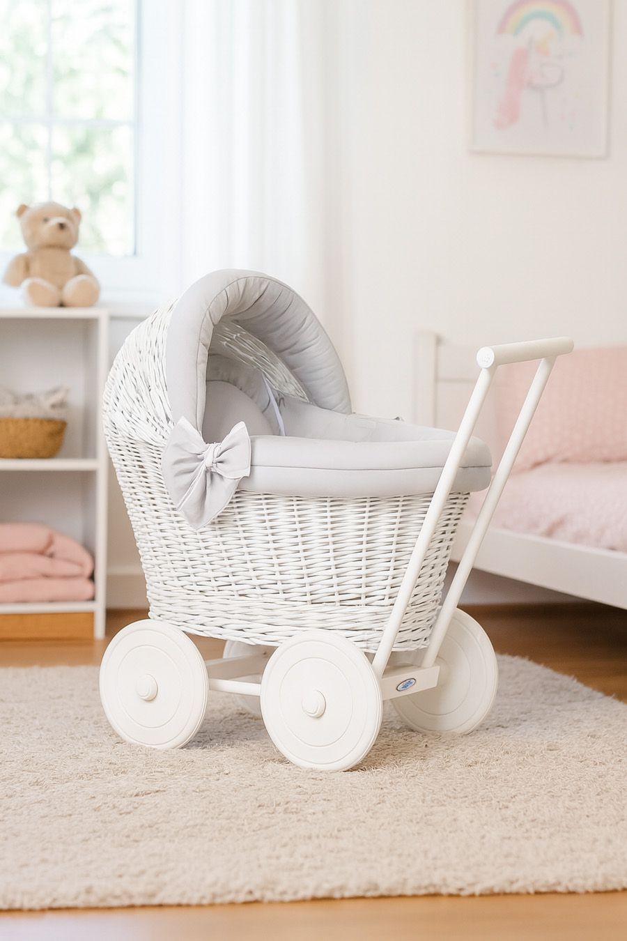 Wicker doll pushchair white with grey bedding and soft padding STELLA