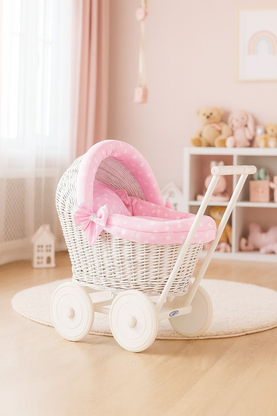 Wicker doll pushchair white with pink bedding and soft padding STELLA