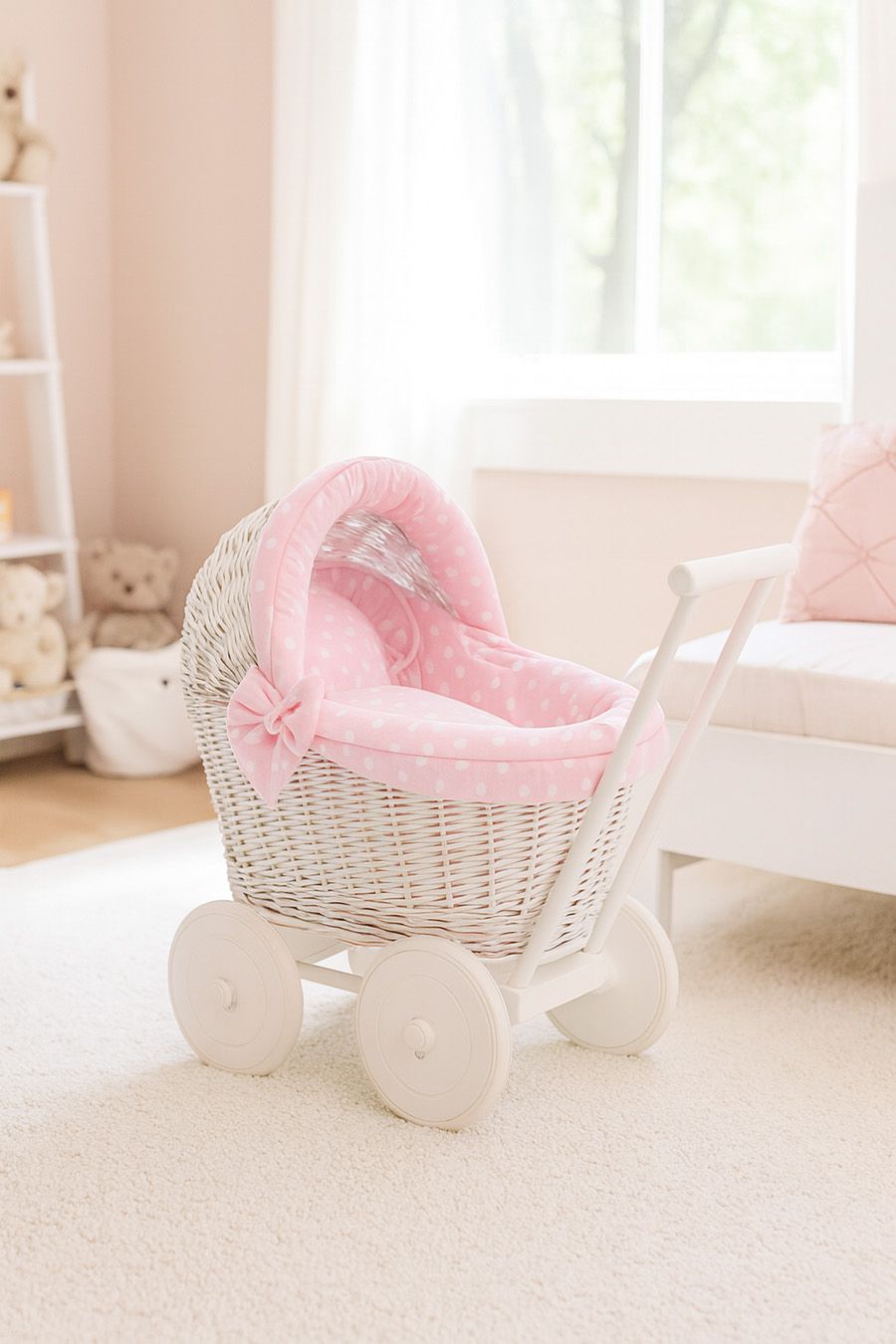 Wicker doll pushchair white with pink bedding and soft padding STELLA