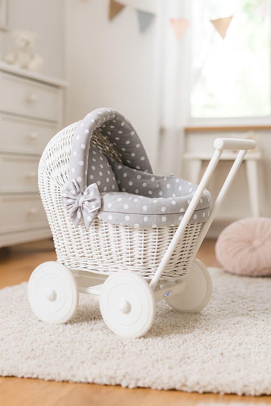 Wicker doll pushchair white with grey bedding and soft padding STELLA