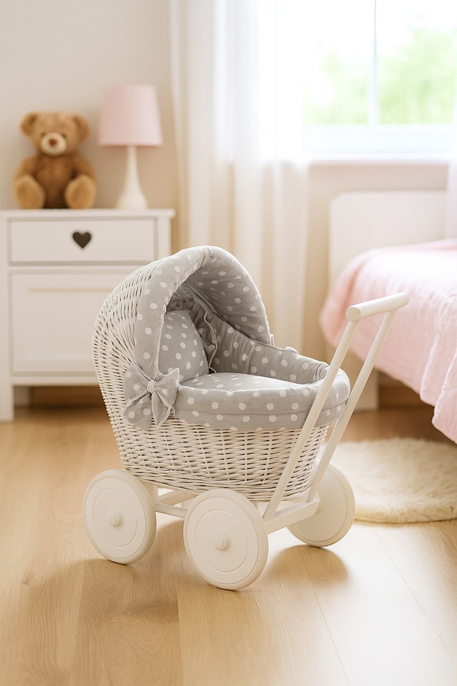 Wicker doll pushchair white with grey bedding and soft padding STELLA