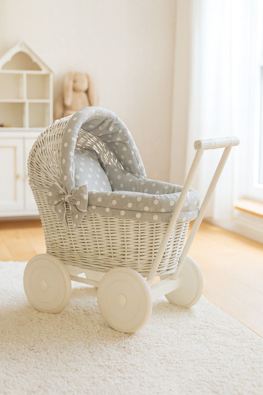Wicker doll pushchair white with grey bedding and soft padding STELLA