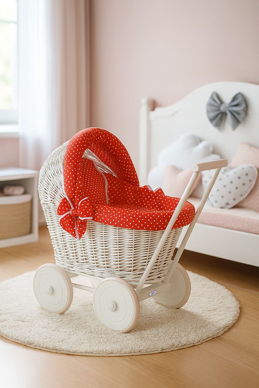 Wicker doll pushchair white with red bedding and soft padding STELLA