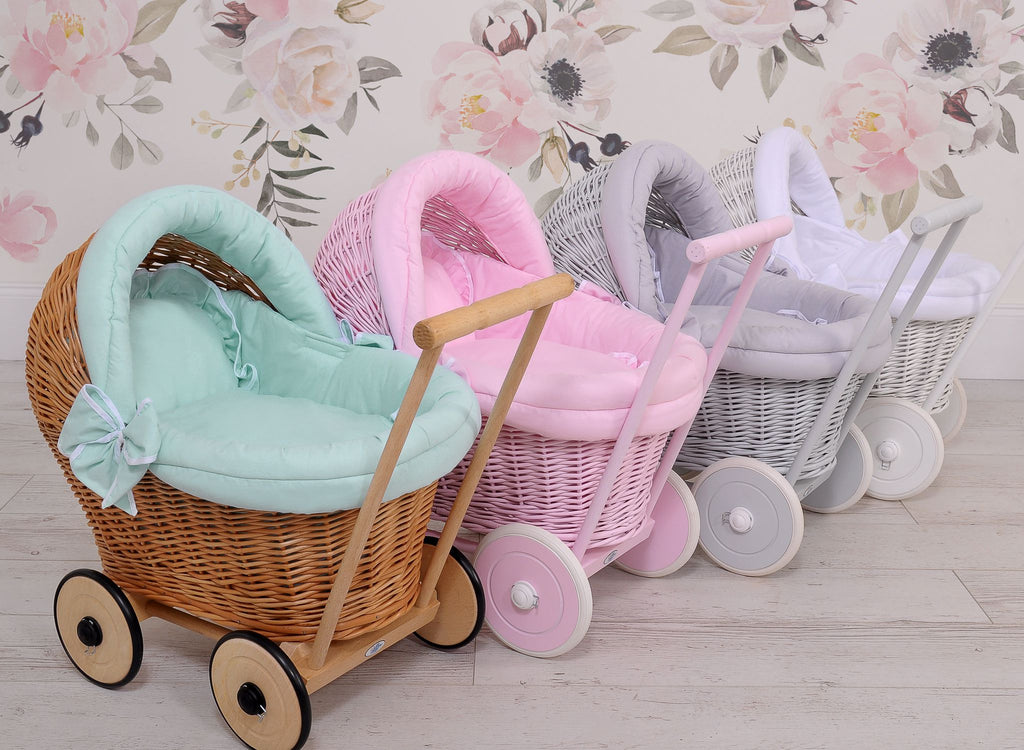 Wicker doll pushchair with mint bedding and soft padding  STELLA - natural
