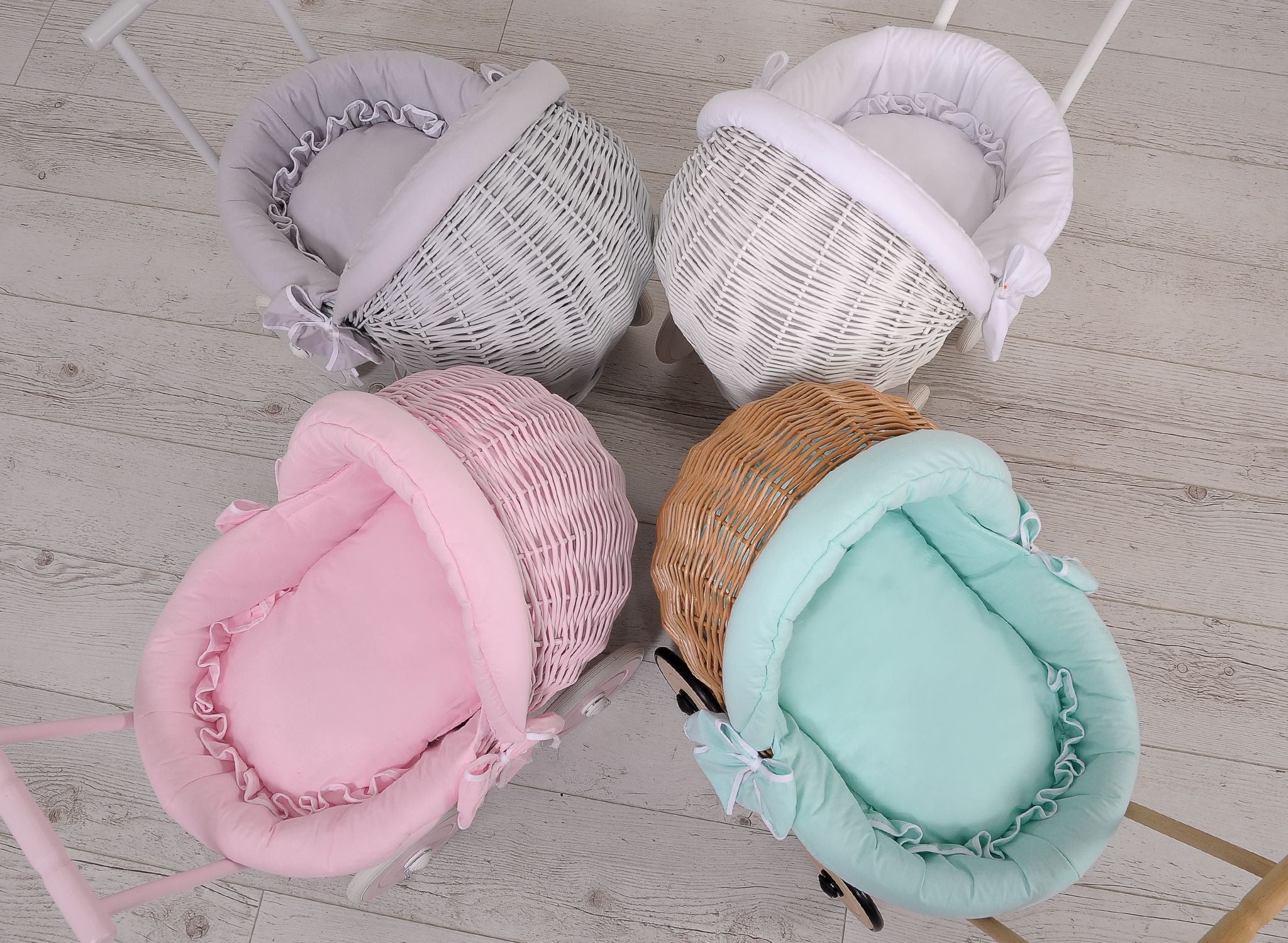 Wicker doll pushchair with mint bedding and soft padding  STELLA - natural